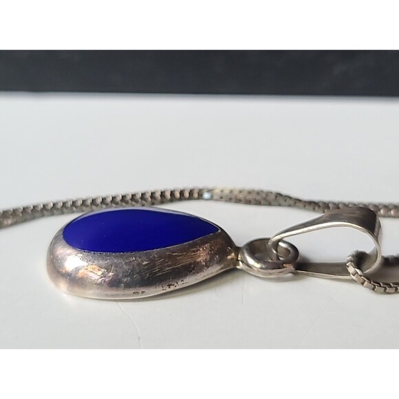 925 Sterling Silver Faux Stone Blue Inlay Pendant Necklace Vintage - Picture 5 of 11